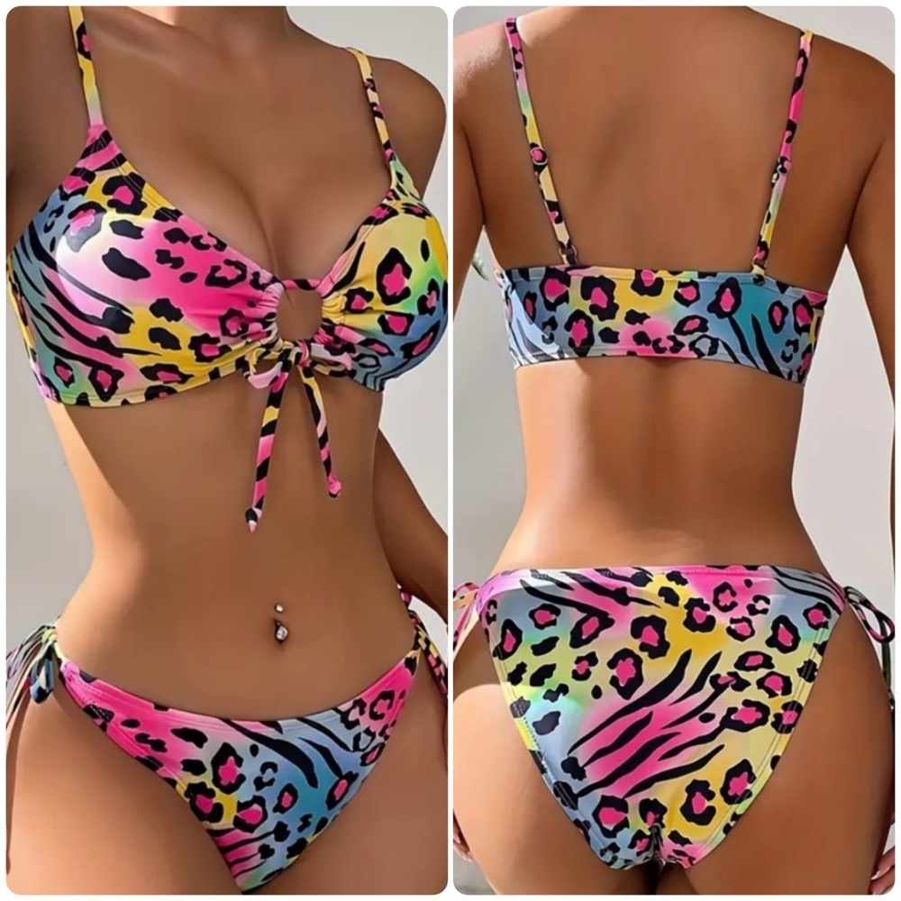 Multicolor Leopard Print Tie Side Bikini Set